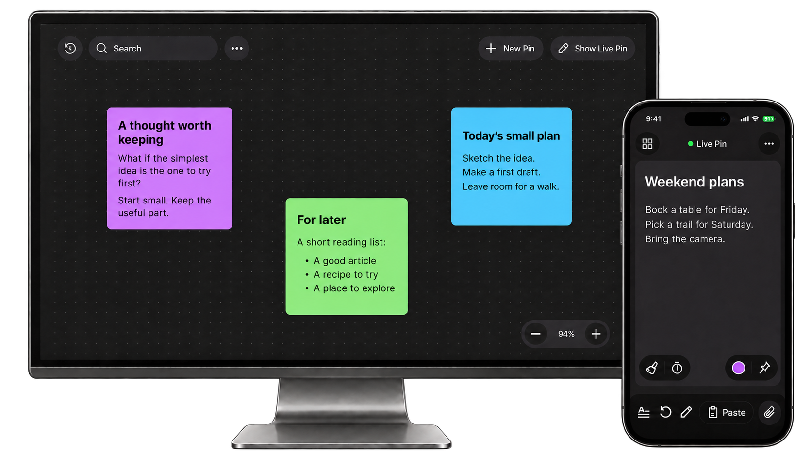 CrossPin on a phone showing a Weekend plans Live Pin beside a desktop with smaller example notes staggered across its board.